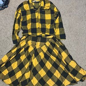 Vintage 2 piece Yellow and Black Plaid Skirt Set